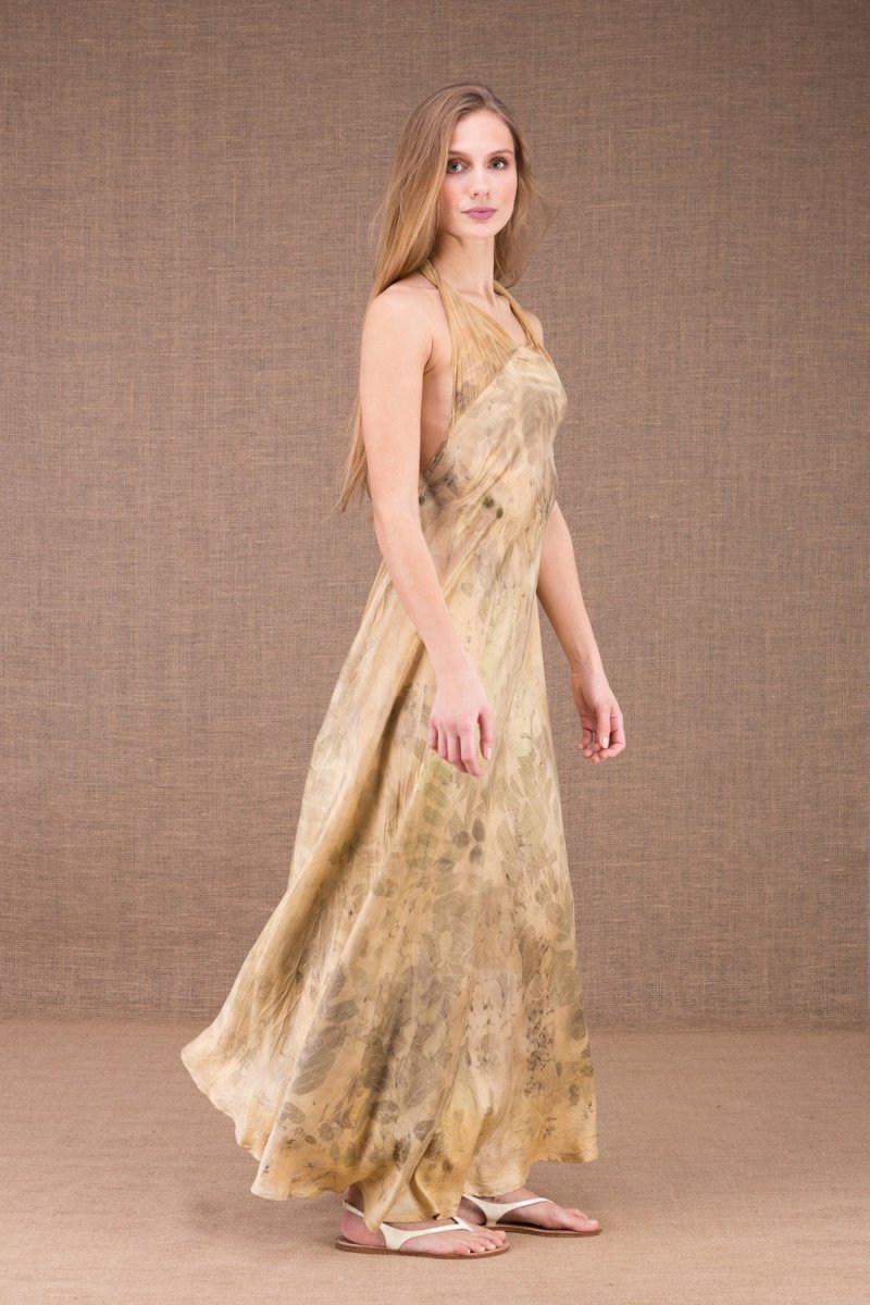 Beige long backless halter printed silk satin dress LOLA – Image 6