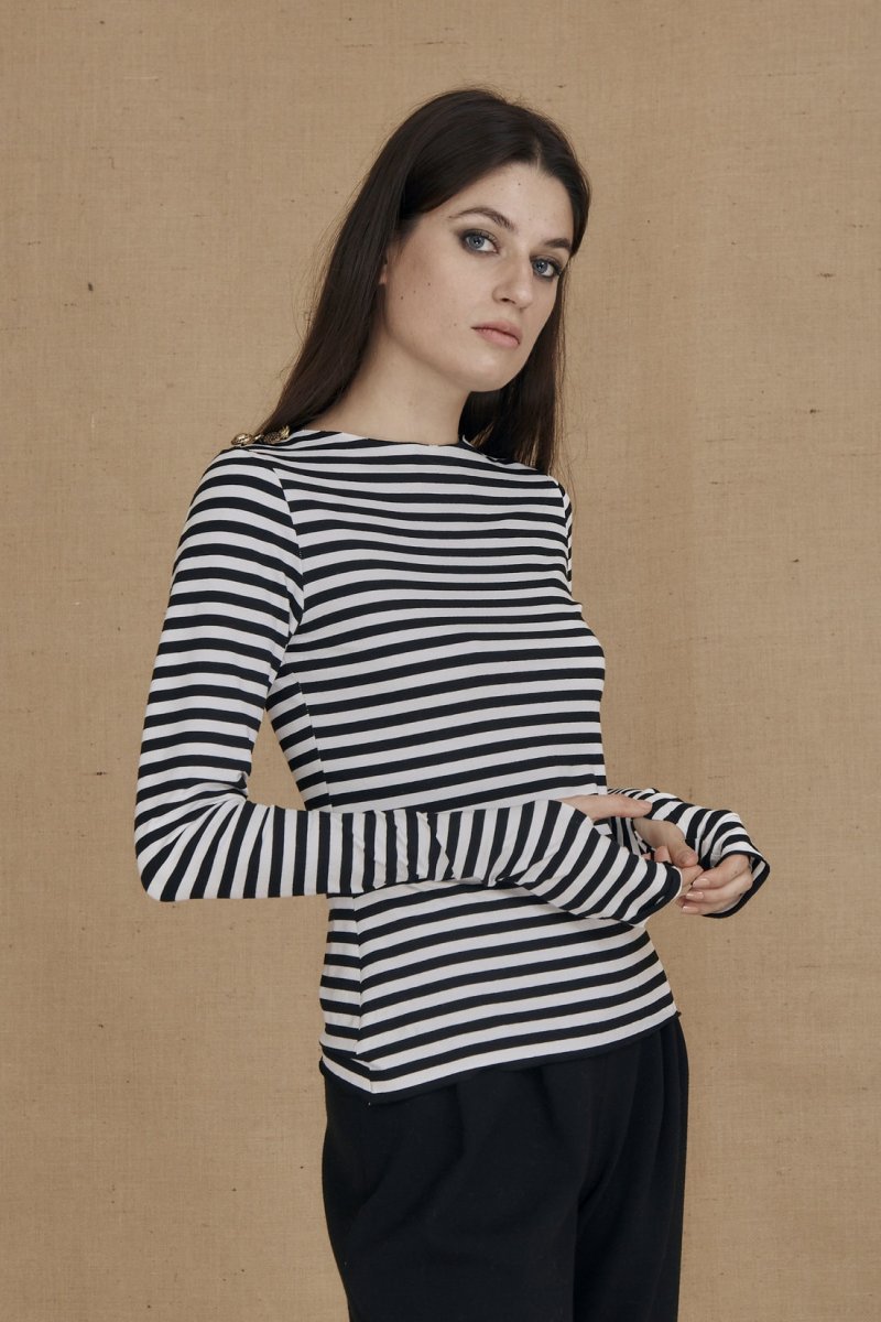 Black and white striped long sleeve viscose jersey t-shirt for women CORTO – Image 3