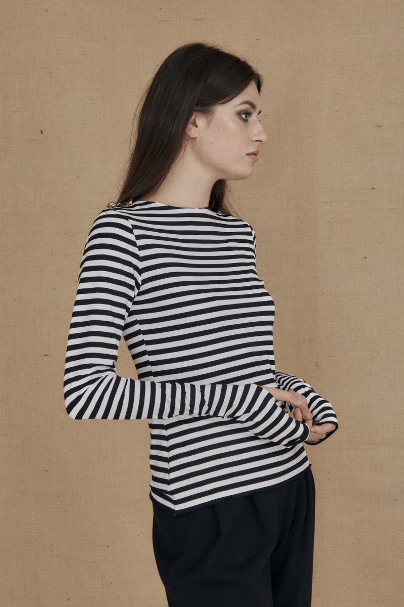 Black and white striped long sleeve viscose jersey t-shirt for women CORTO – Image 4