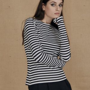 Black and white striped long sleeve viscose jersey t-shirt for women CORTO