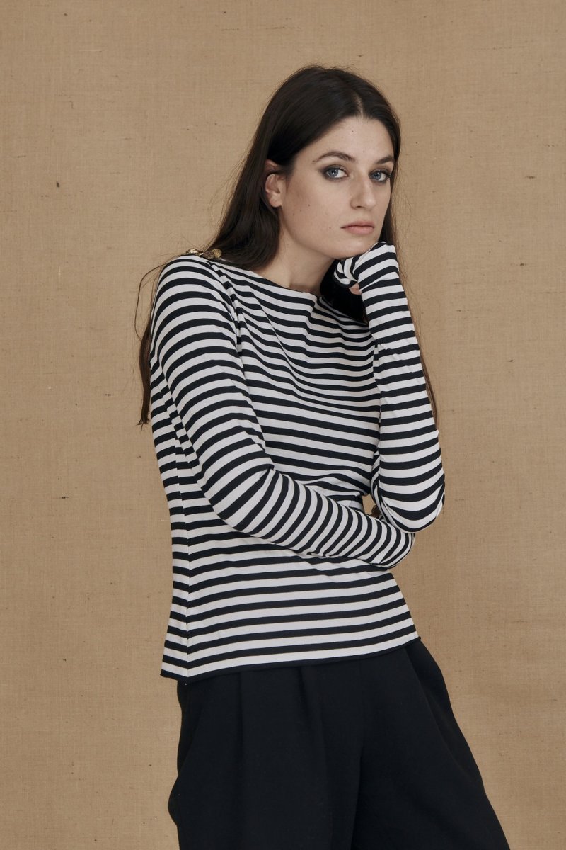 Black and white striped long sleeve viscose jersey t-shirt for women CORTO