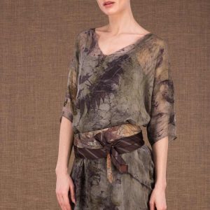Robe tunique kaki en soie imprimée LAUBE