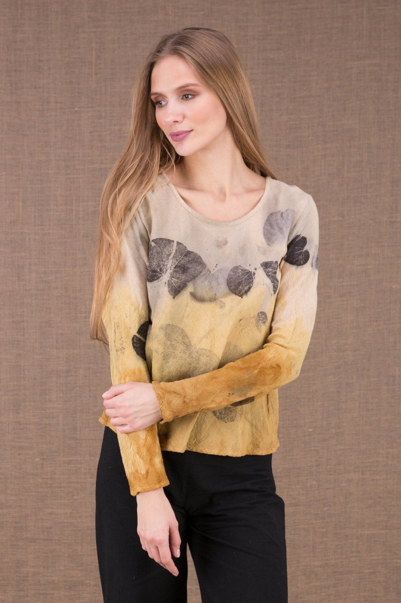 Yellow long sleeve printed organic cotton t-shirt for women MIKA – Image 3