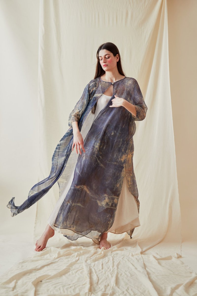 Blue printed silk chiffon kaftan-coat OLYMPE – Image 3