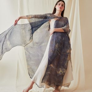 Blue printed silk chiffon kaftan-coat OLYMPE