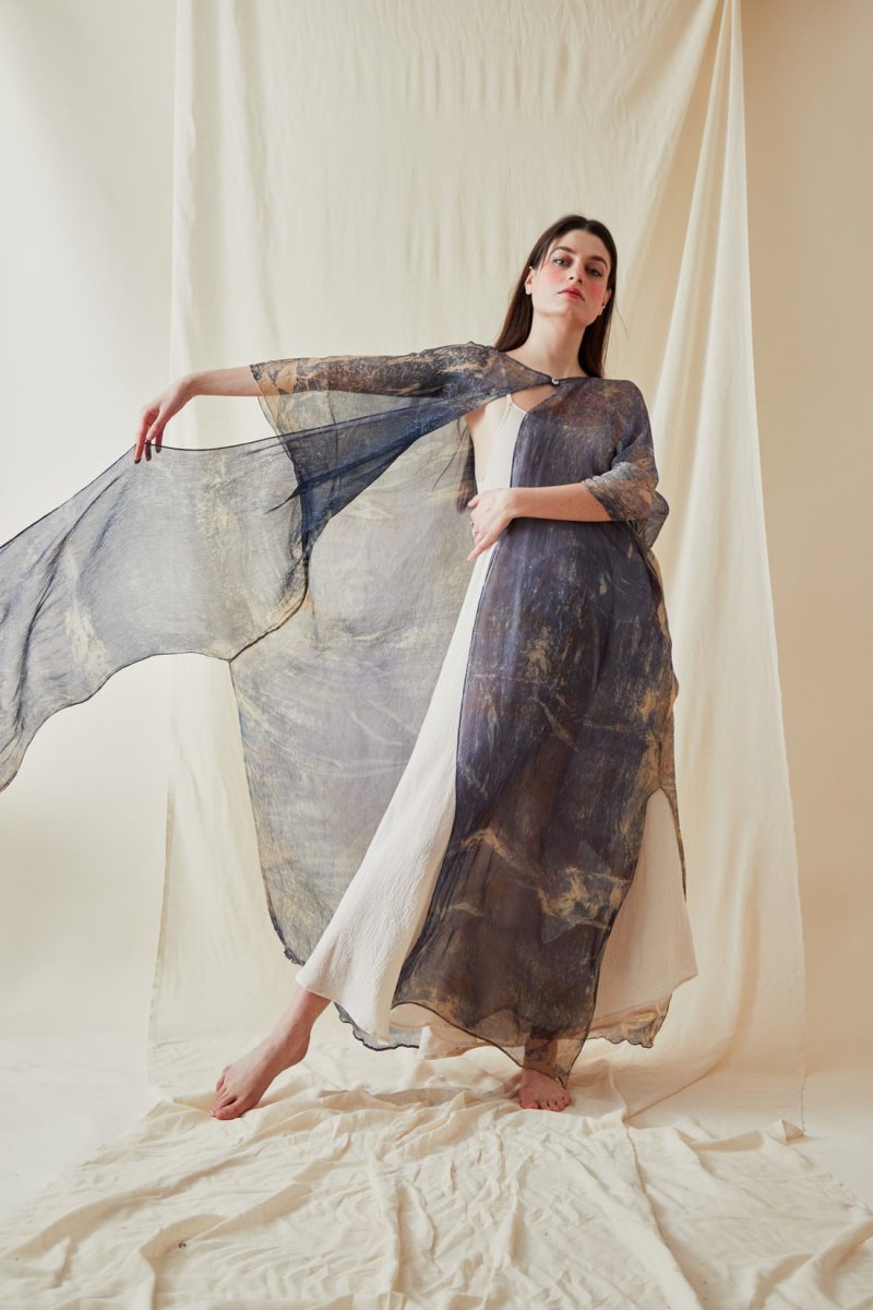 Blue printed silk chiffon kaftan-coat OLYMPE