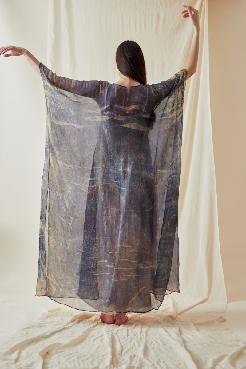 Blue printed silk chiffon kaftan-coat OLYMPE – Image 5