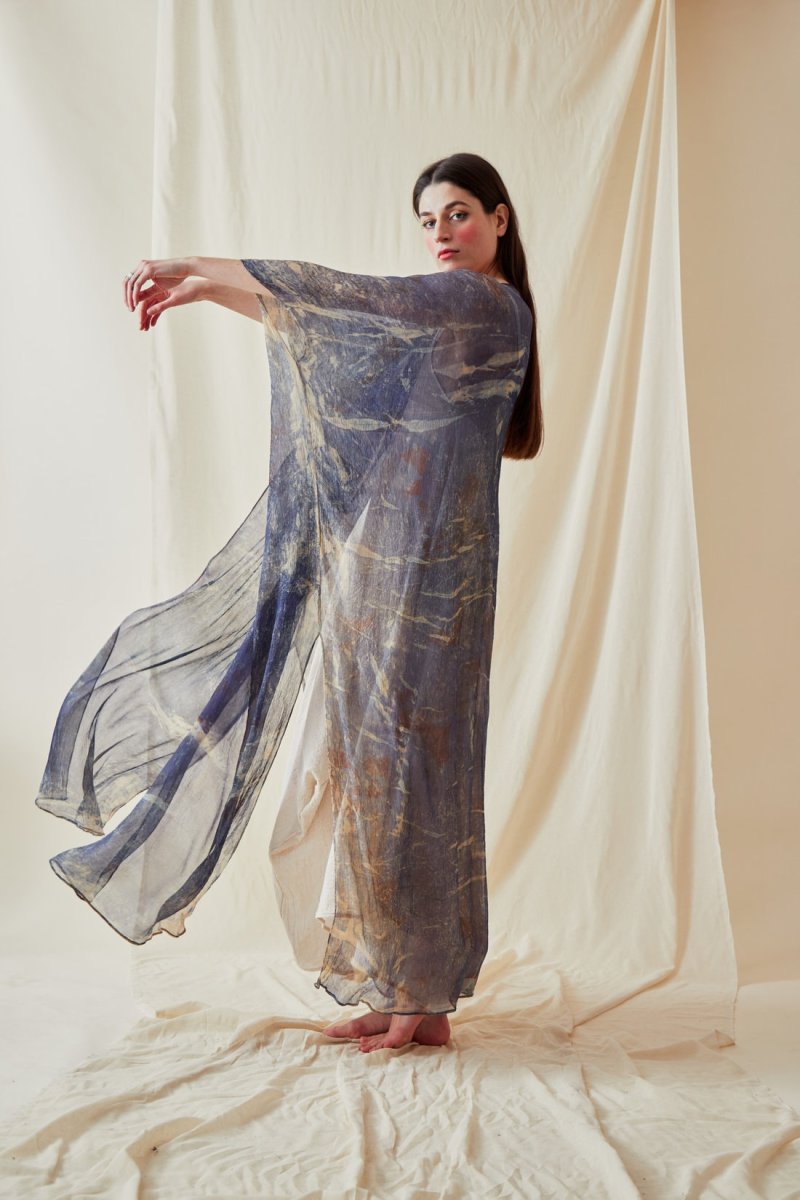 Blue printed silk chiffon kaftan-coat OLYMPE – Image 4