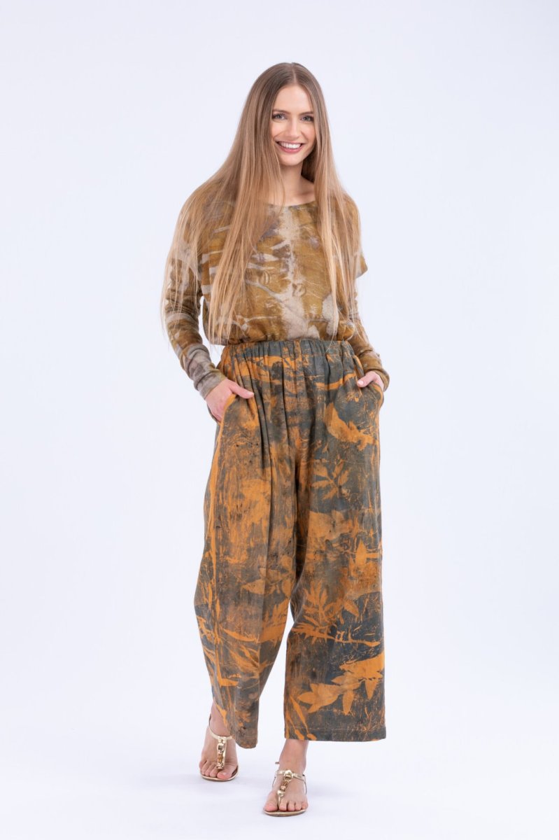 Orange grey larges printed organic cotton trousers for women TRIBAL – Image 3