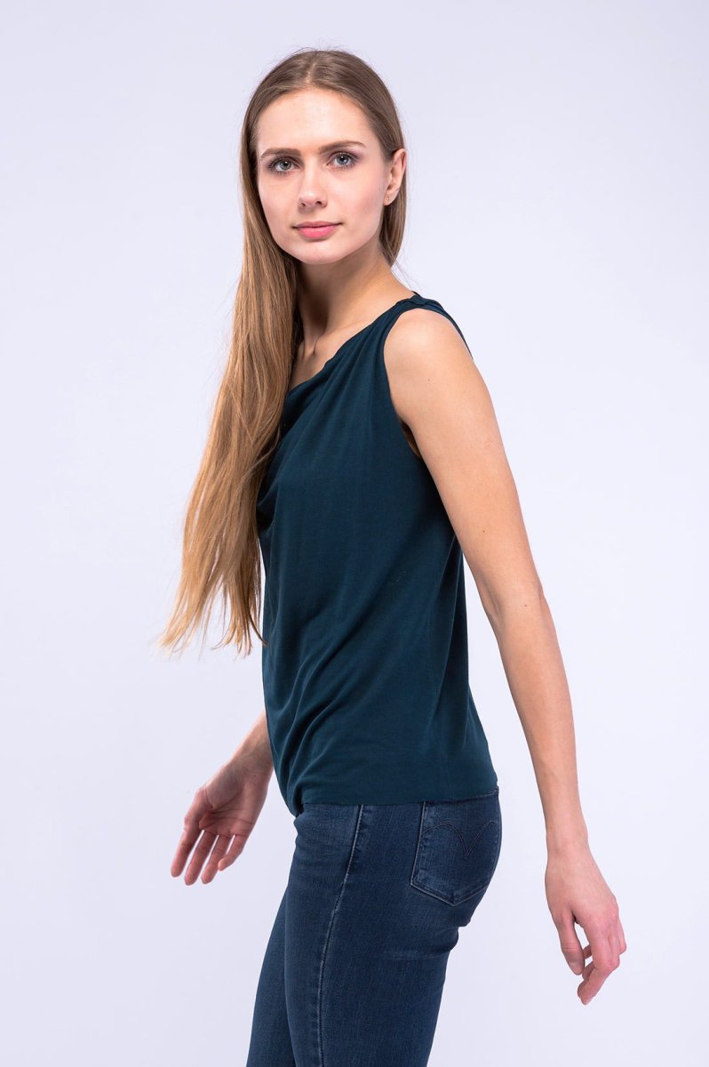 Top bleu canard col drapé bénitier en jersey de viscose pour femme PARISA – Image 3