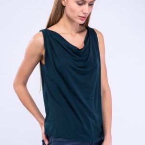 Top bleu canard col drapé bénitier en jersey de viscose pour femme PARISA