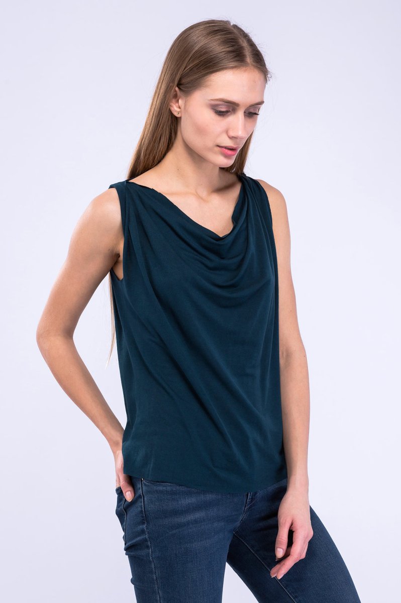 Top bleu canard col drapé bénitier en jersey de viscose pour femme PARISA