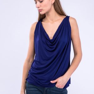 Cobalt blue draped cowl neck viscose jersey top for women PARISA
