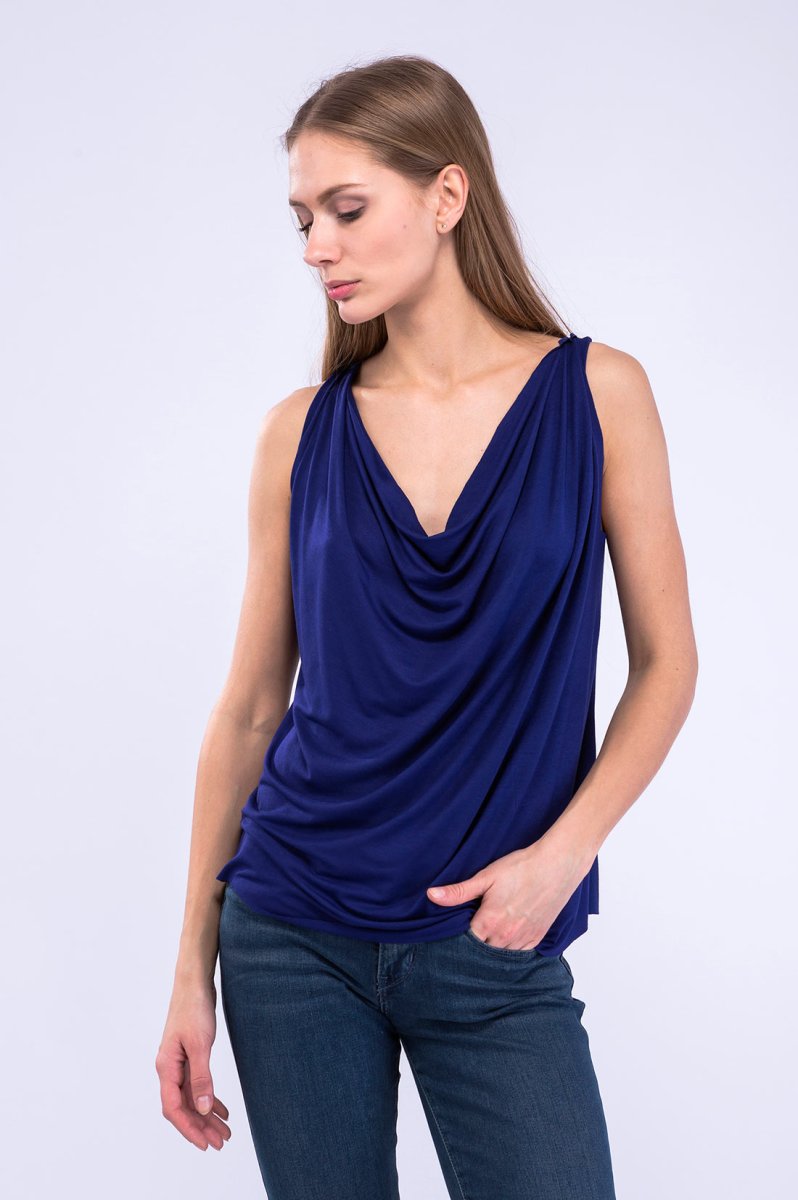 Cobalt blue draped cowl neck viscose jersey top for women PARISA – Image 2