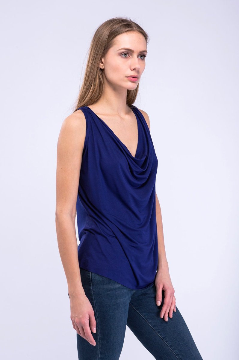 Cobalt blue draped cowl neck viscose jersey top for women PARISA – Image 4