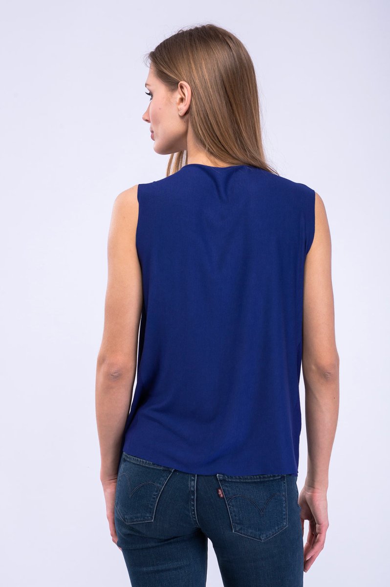Cobalt blue draped cowl neck viscose jersey top for women PARISA – Image 3
