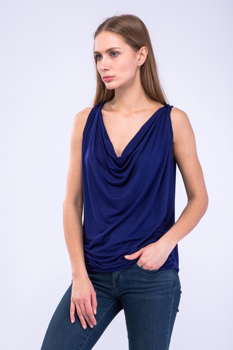 Cobalt blue draped cowl neck viscose jersey top for women PARISA – Image 6