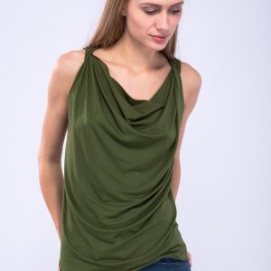 Green draped cowl neck viscose jersey top for women PARISA