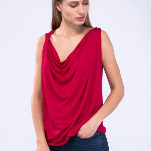 Red draped cowl neck viscose jersey top for women PARISA