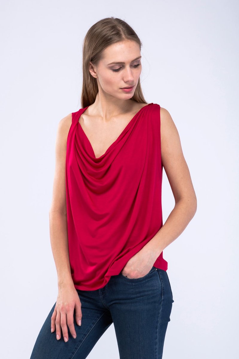 Red draped cowl neck viscose jersey top for women PARISA – Image 6