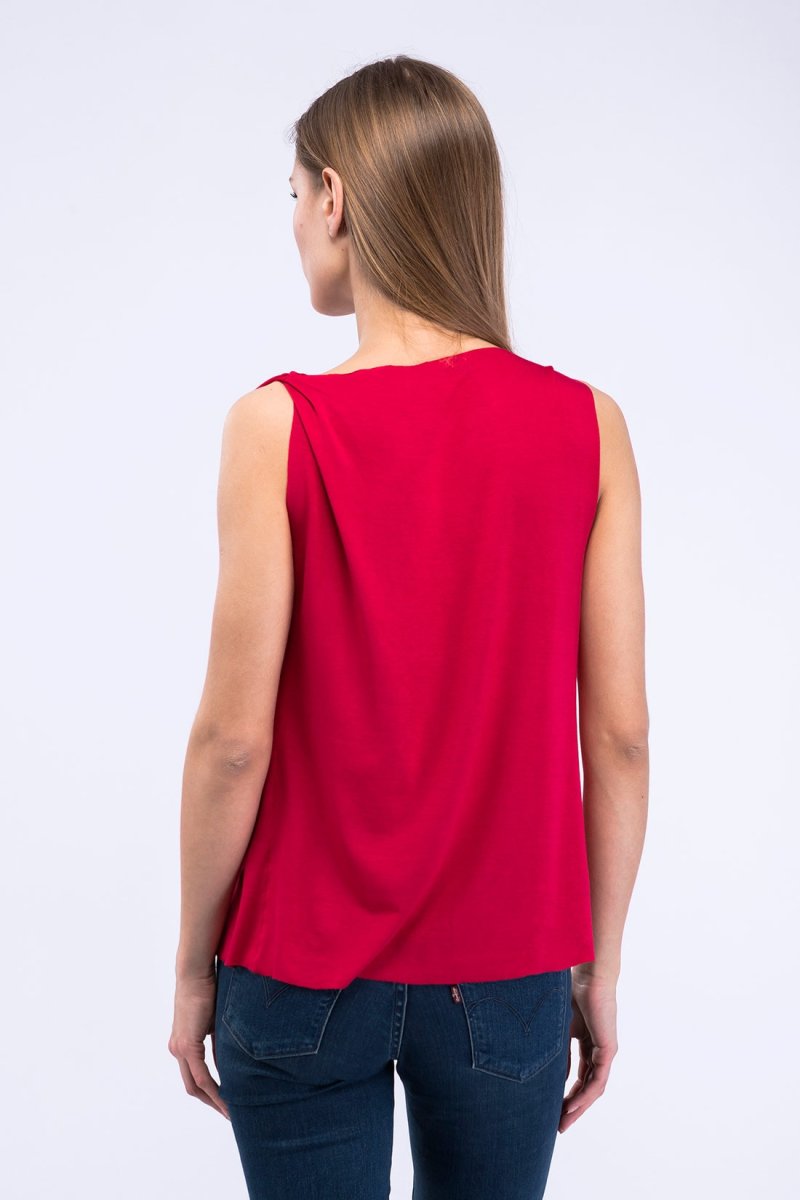 Red draped cowl neck viscose jersey top for women PARISA – Image 5