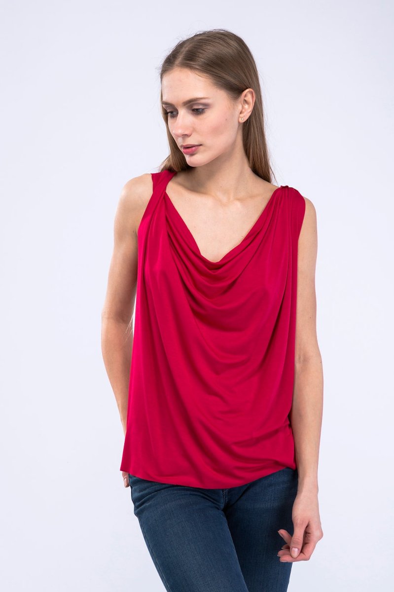 Red draped cowl neck viscose jersey top for women PARISA – Image 3