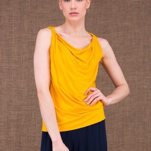 Yellow draped cowl neck viscose jersey top for women PARISA