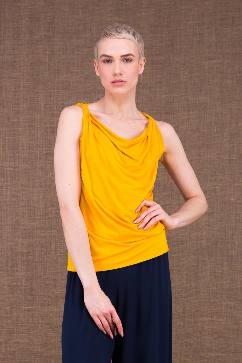Yellow draped cowl neck viscose jersey top for women PARISA – Image 2