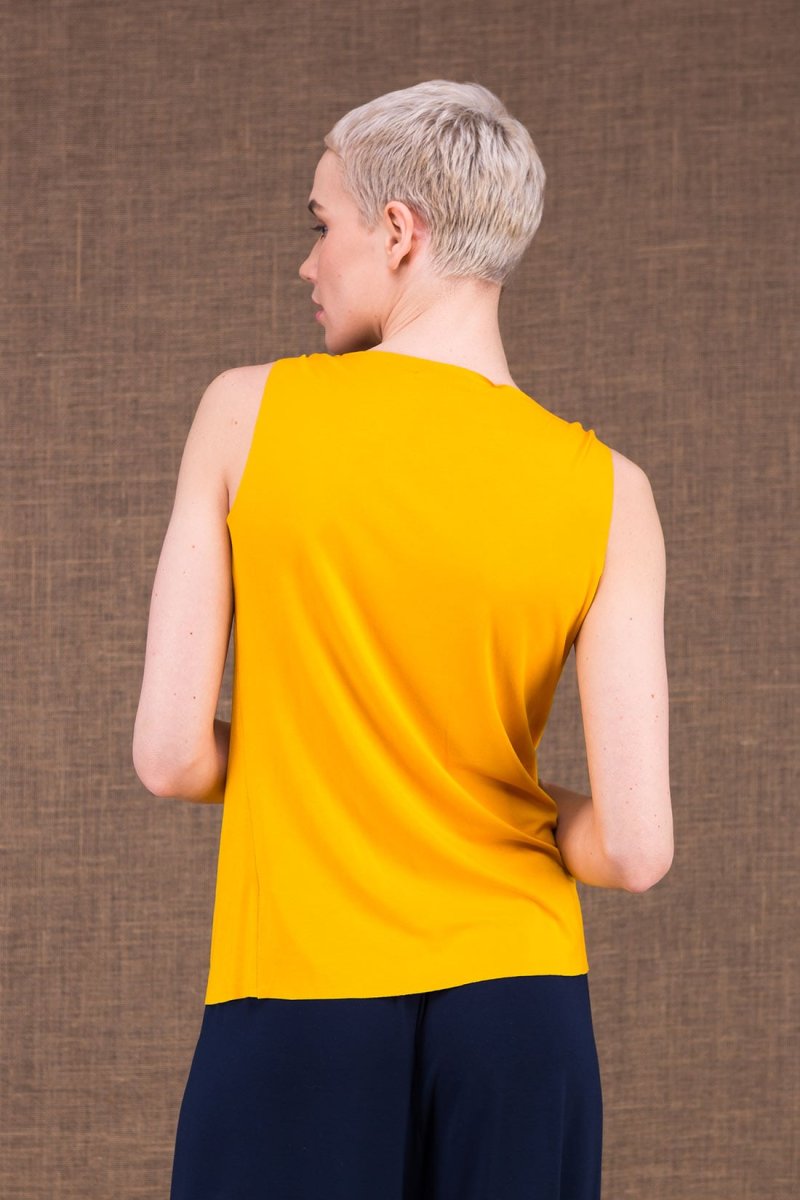 Yellow draped cowl neck viscose jersey top for women PARISA – Image 4