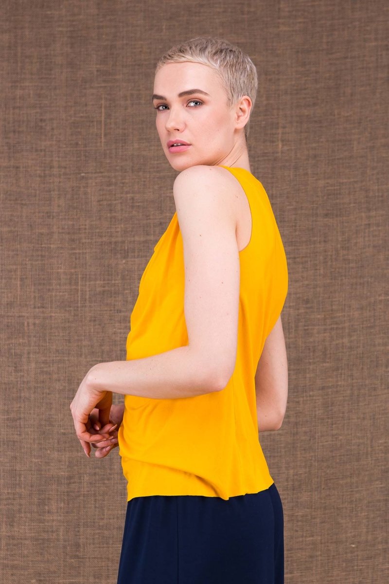 Yellow draped cowl neck viscose jersey top for women PARISA – Image 3