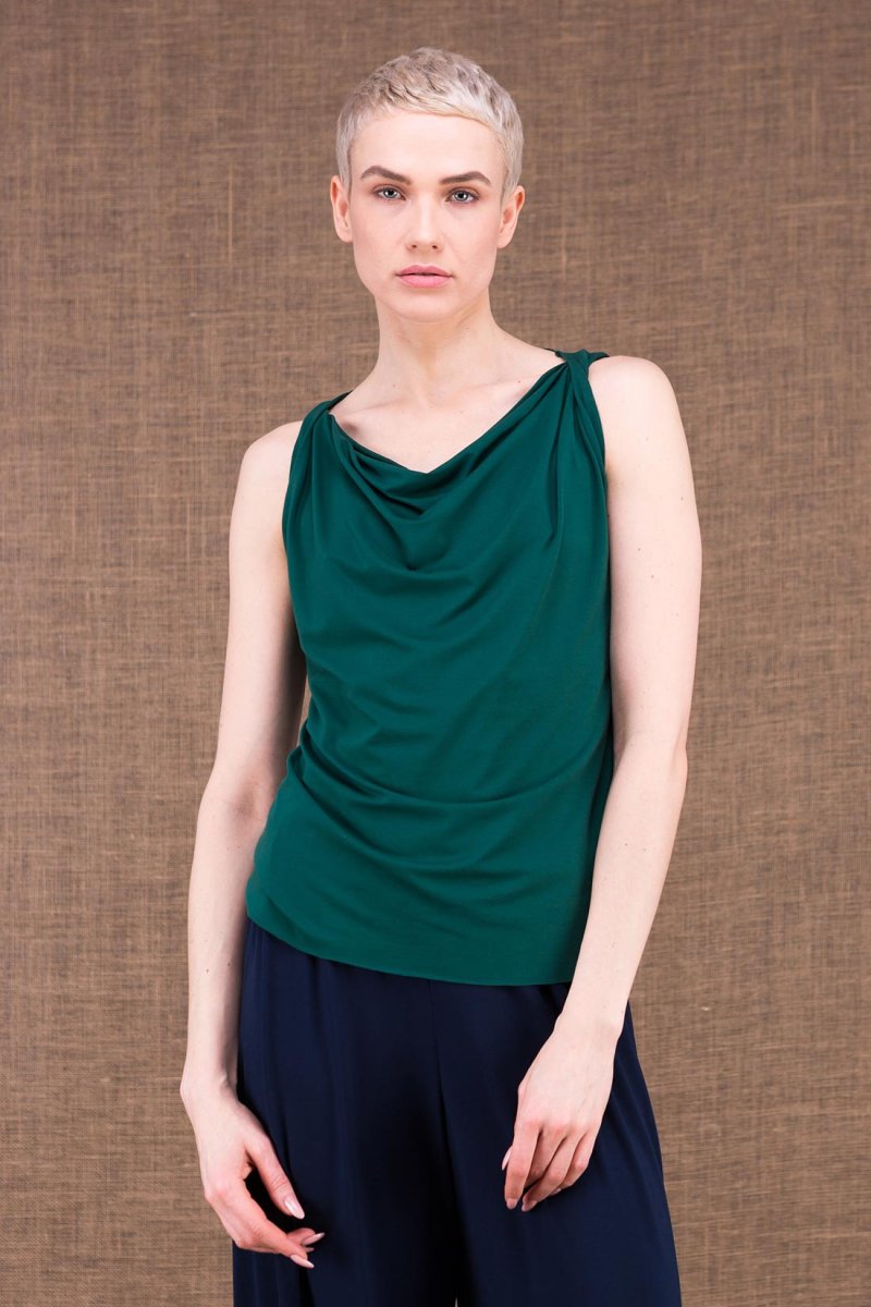 Top vert émeraude col drapé bénitier en jersey de viscose pour femme PARISA – Image 3