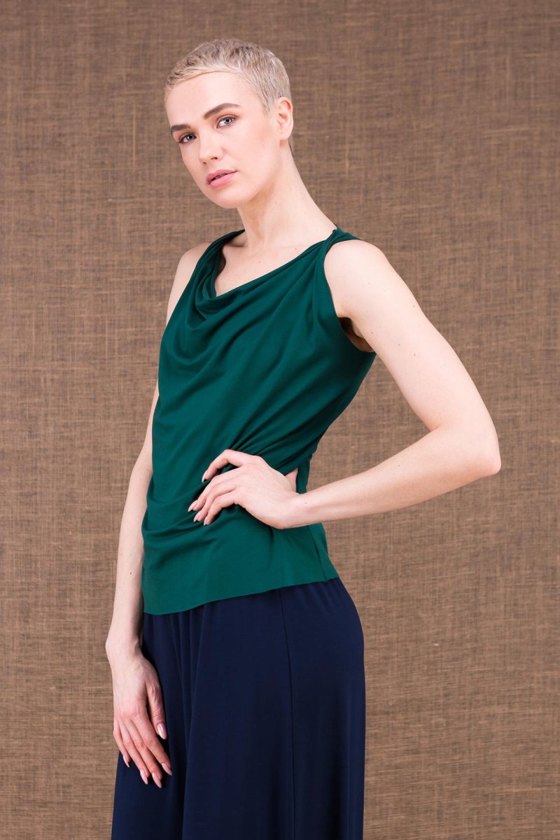 Top vert émeraude col drapé bénitier en jersey de viscose pour femme PARISA