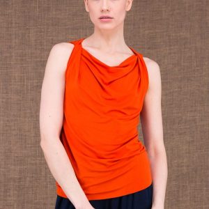 Top orange col drapé bénitier en jersey de viscose pour femme PARISA