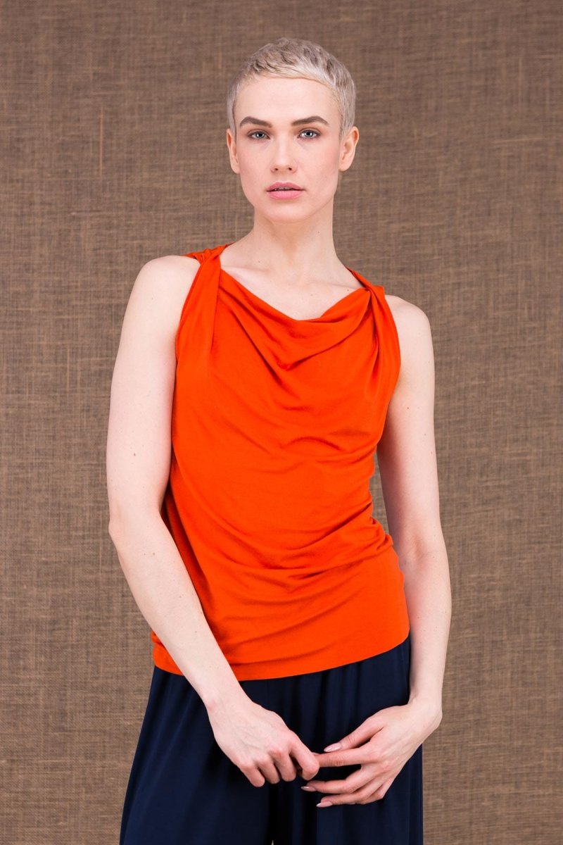 Top orange col drapé bénitier en jersey de viscose pour femme PARISA
