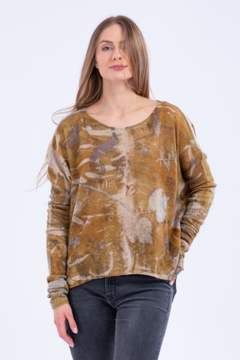 Yellow large printed cashmere pullover for women IRIS