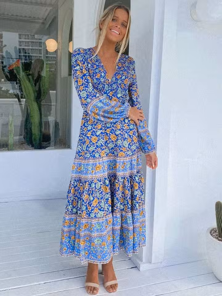 Robe Bohème Bleue Florale Manches Longues