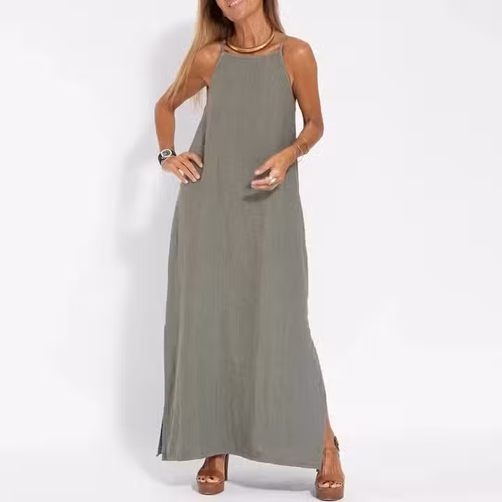 Robe Longue Kaki Bohème Coton Ras-du-cou