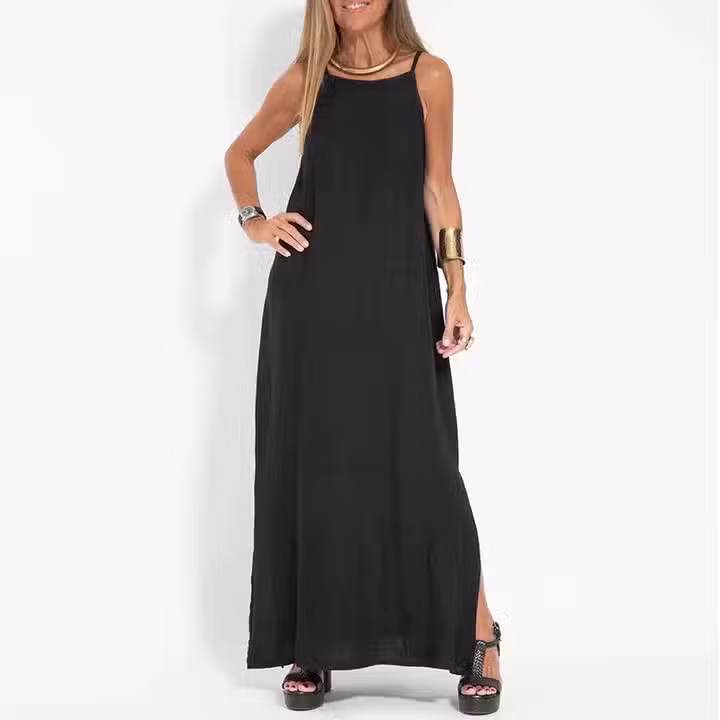 Robe Longue Noire Bohème Coton Ras-du-cou
