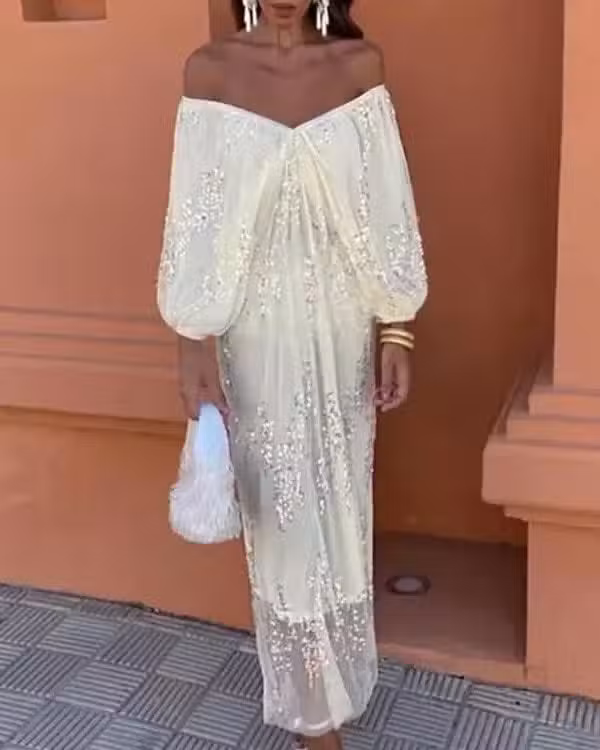 Robe Longue Sequins Blanche – Image 3