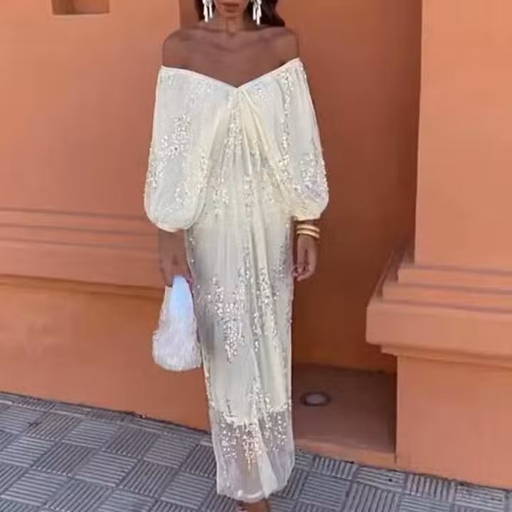 Robe Longue Sequins Blanche