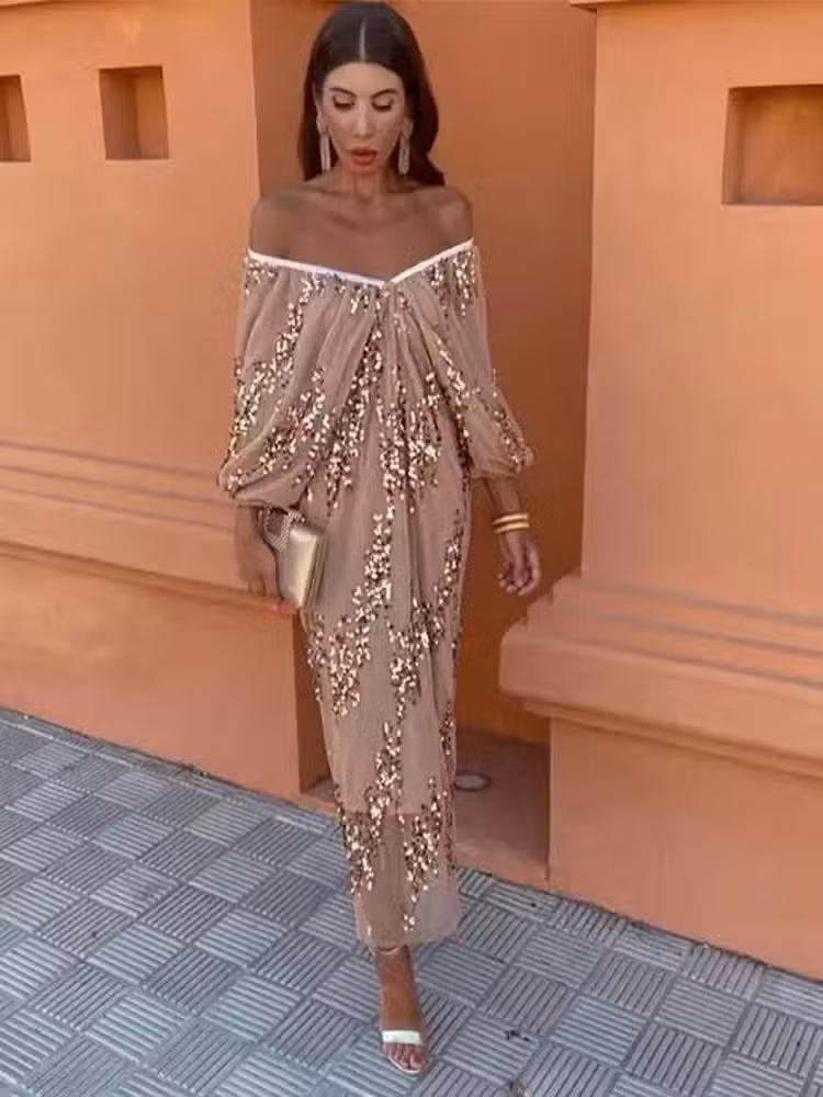 Robe Longue Sequins Caramel