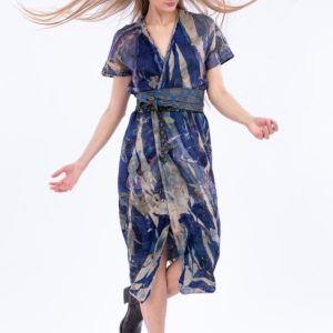 Blue printed cashmere wrap dress ZUNIA