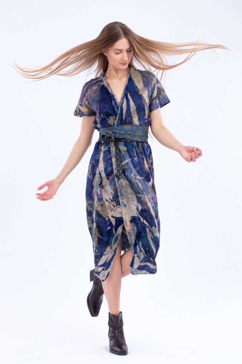 Blue printed cashmere wrap dress ZUNIA