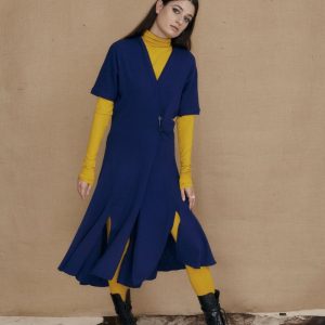 Robe bleu cobalt cache-coeur évasée en laine HUA