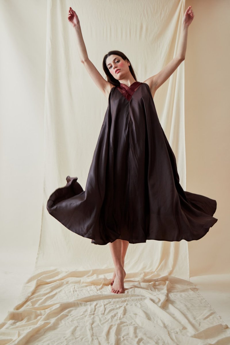 Brown long flared viscose dress RHODES