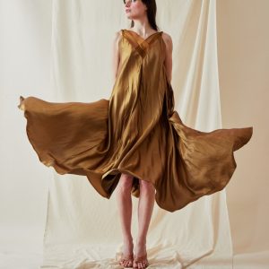 Yellow long flared viscose dress RHODES