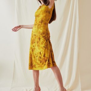 Robe jaune mi-longue en jersey de viscose imprimé THILIA