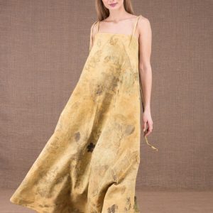 Beige long flared backless printed organic cotton dress SABA