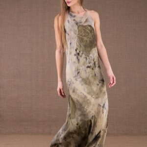 Robe kaki longue dos nu en soie imprimée SARA
