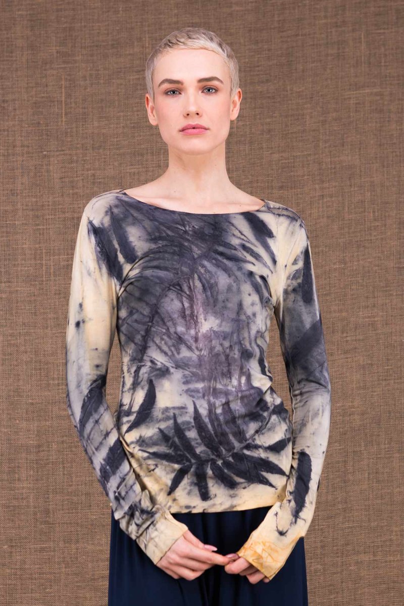 T-shirt bleu beige manches longue pour femme en jersey de viscose imprimé SAFARI – Image 3